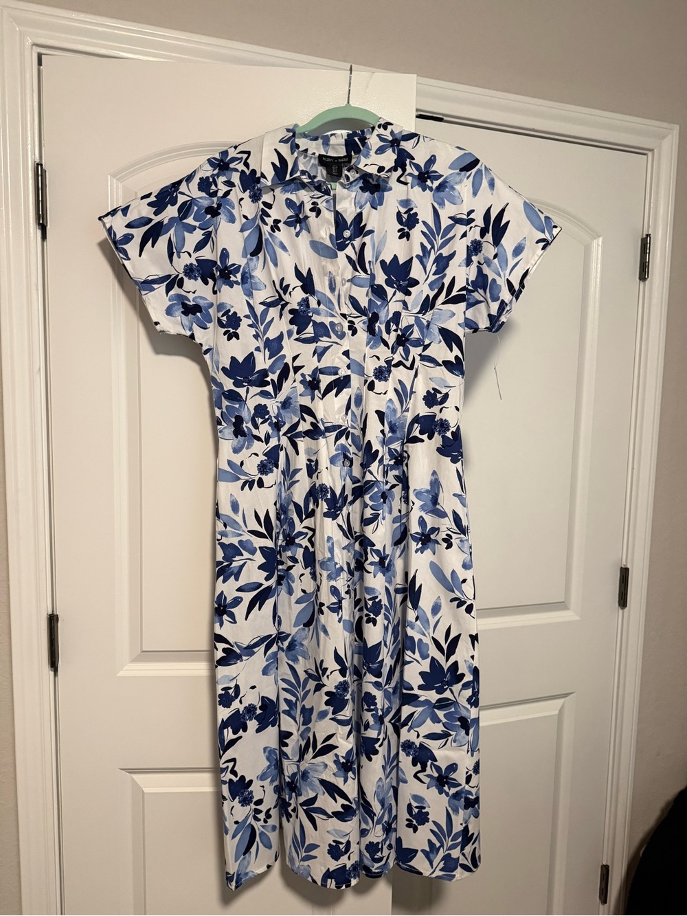 White Midi Dress with Blue Floral Print